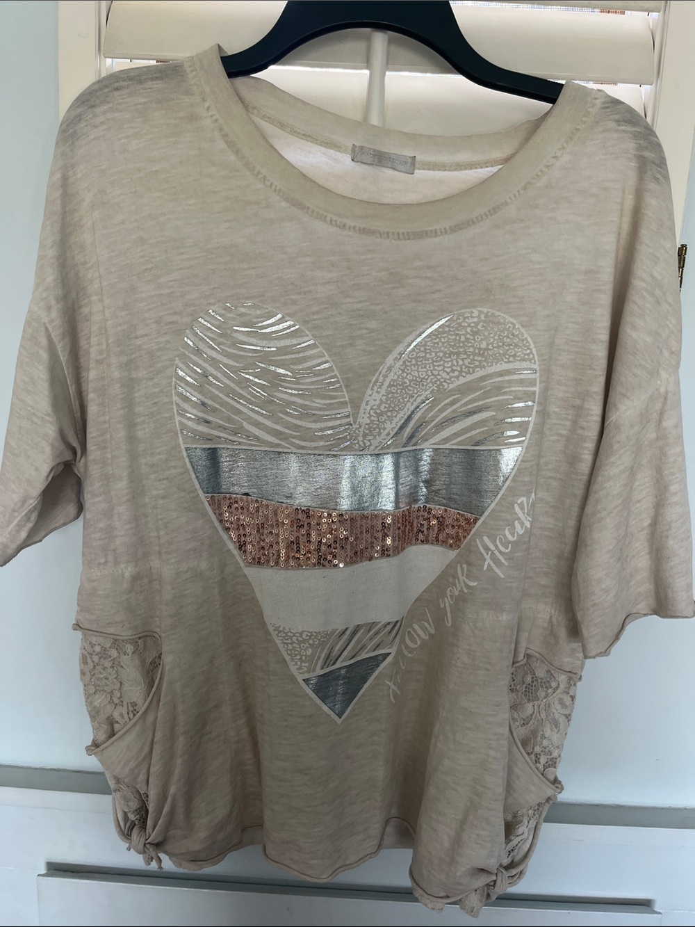 Helmut Lang Beige Tunic with Metallic and Sequin Heart Detail